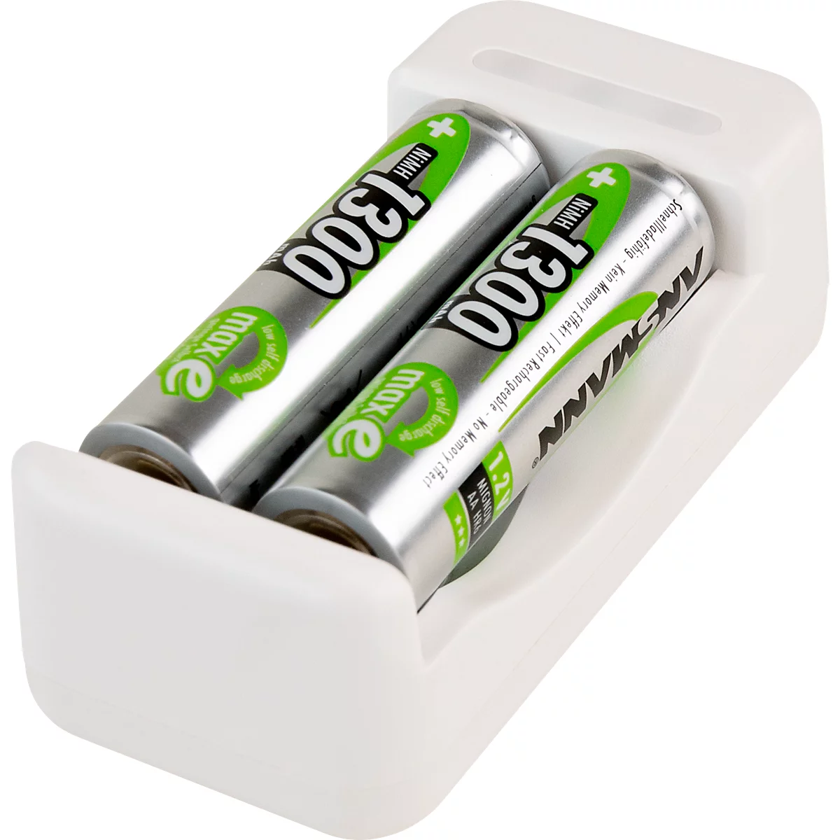 Akkuladegerät für Batterien Ansmann Basic II, 1-2x AA/AAA, inkl. USB-Kabel, inkl. 2 AA-Akkus, B 36,5 × T 26 × H 75 mm, weiss