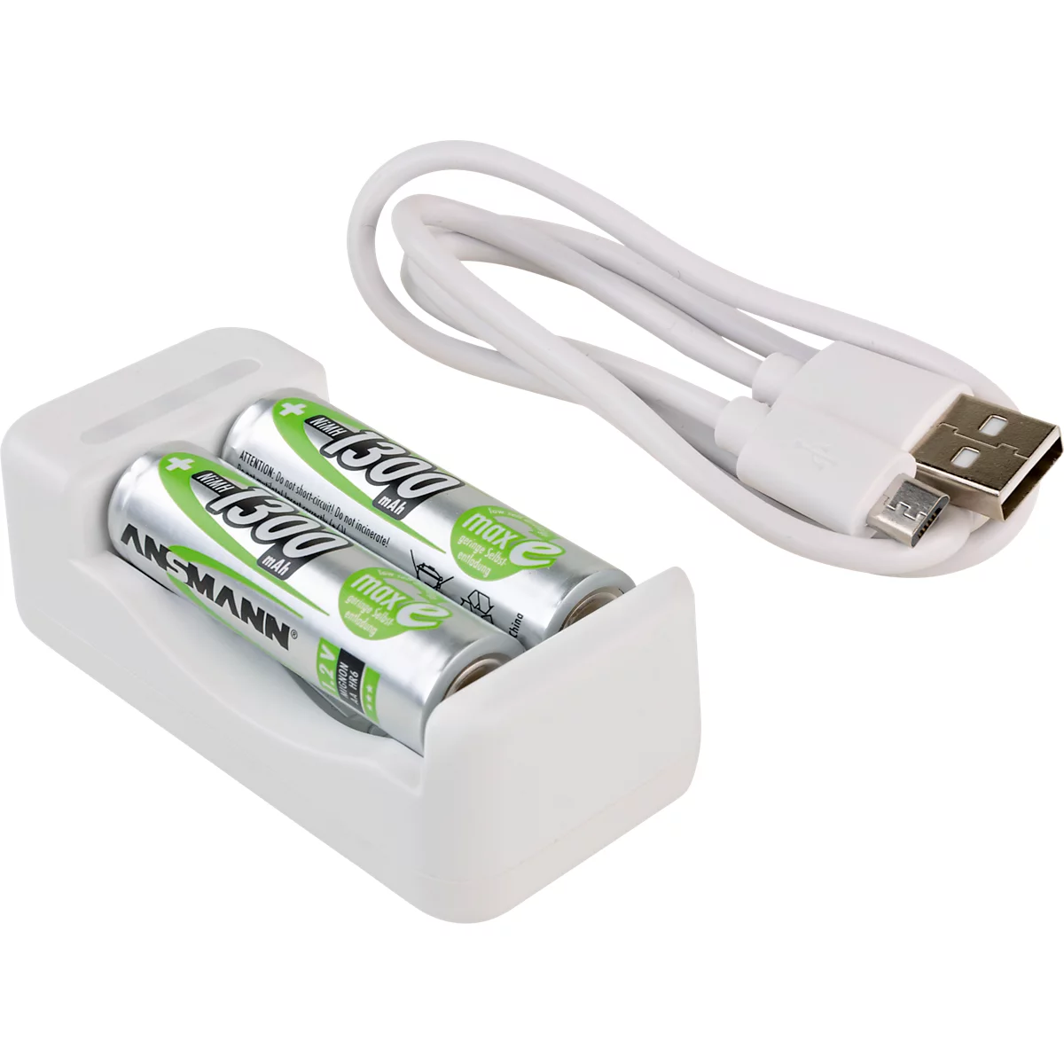 Akkuladegerät für Batterien Ansmann Basic II, 1-2x AA/AAA, inkl. USB-Kabel, inkl. 2 AA-Akkus, B 36,5 × T 26 × H 75 mm, weiss