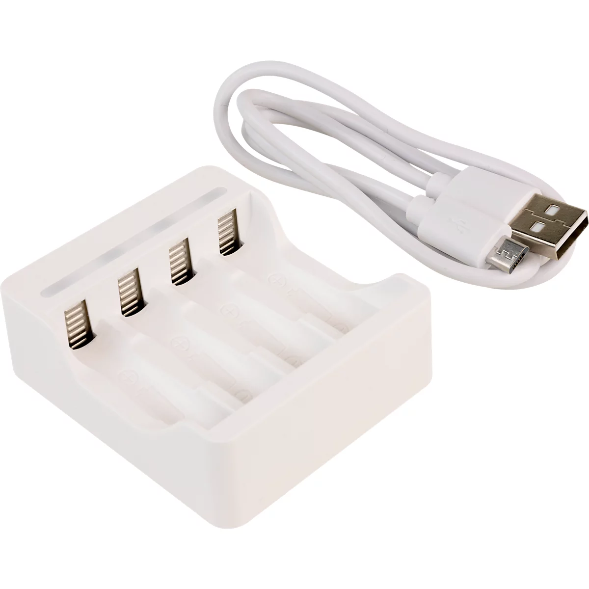 Akkuladegerät für Batterien Ansmann Basic IV, für 1-4x AA/AAA, USB-Eingang inkl. Kabel, inkl. 4x AA Akkus, B 75 × T 66 × H 25,2 mm, weiß