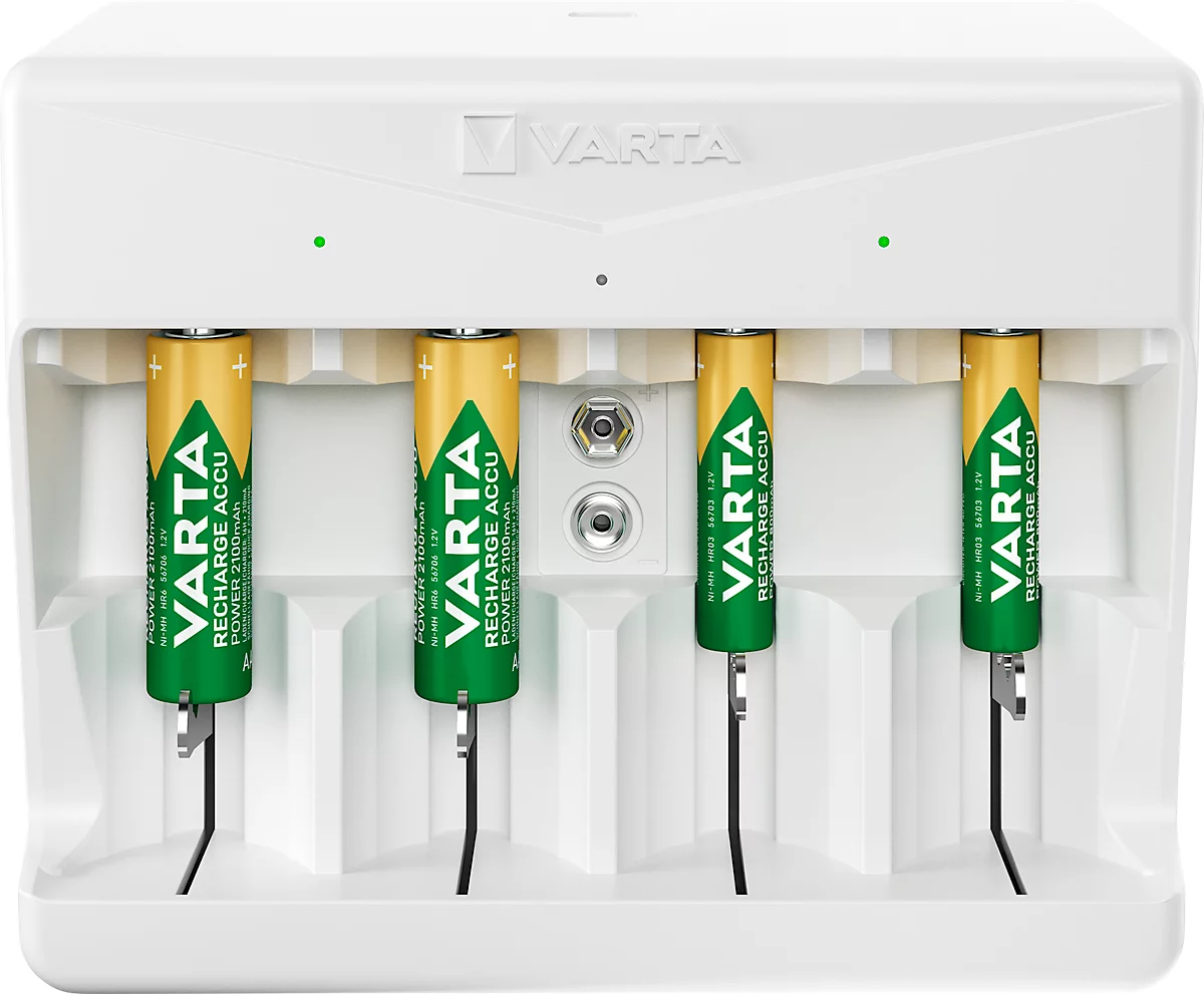 Akkuladegerät für Batterien Varta, 2x o. 4x AA/AAA/C/D & 1x 9V, Ladezeit 4,5 h, USB-C (inkl. Kabel), 100-240 V, B 154 x T 49 x H 129 mm, weiß