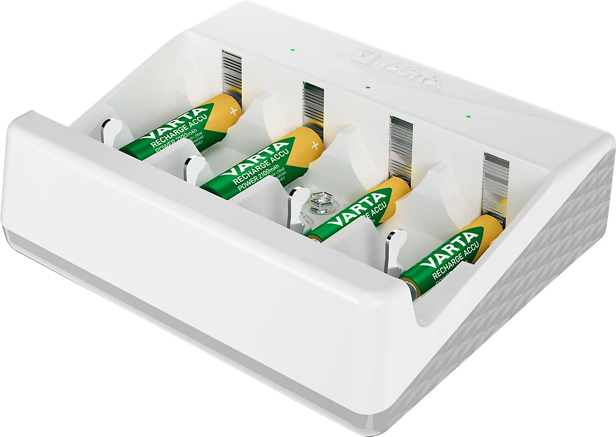 Akkuladegerät für Batterien Varta, 2x o. 4x AA/AAA/C/D & 1x 9V, Ladezeit 4,5 h, USB-C (inkl. Kabel), 100-240 V, B 154 x T 49 x H 129 mm, weiß