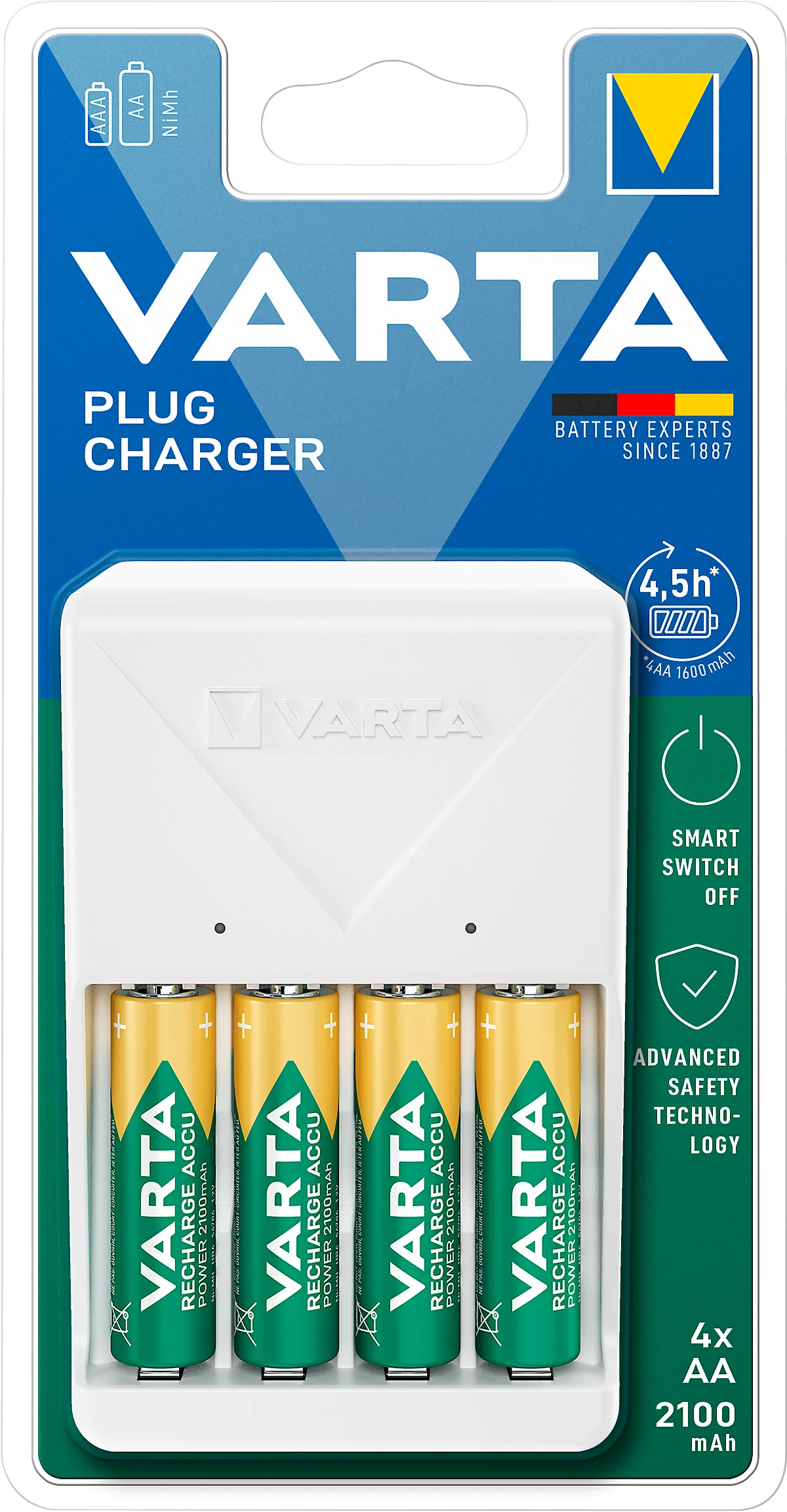 Akkuladegerät für Batterien Varta, für 2x o. 4x AA/AAA, inkl. 4 AA Batterien, Ladezeit 4,5 h, EU-Stecker, 100-240 V, B 74 x T 66 x H 116 mm, weiß