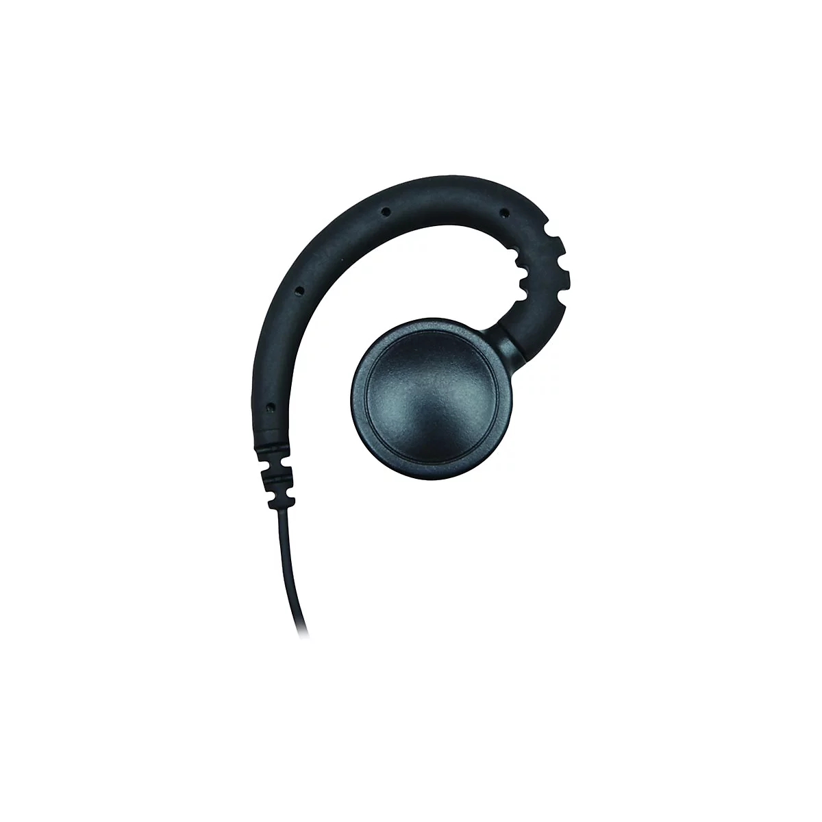 Schwarzer Ohrhörer mit Kabel und flexiblem Ohrbügel vor weißem Hintergrund.
