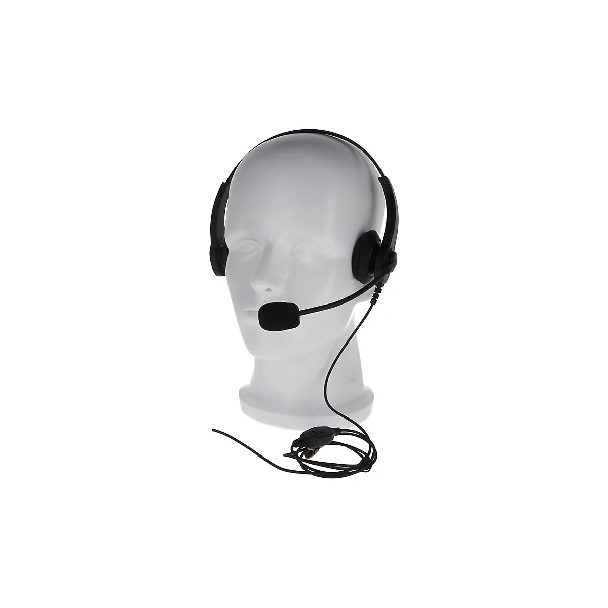 Schwarzes Headset mit Mikrofon auf einem weißen, abstrakten Modellkopf vor weißem Hintergrund.