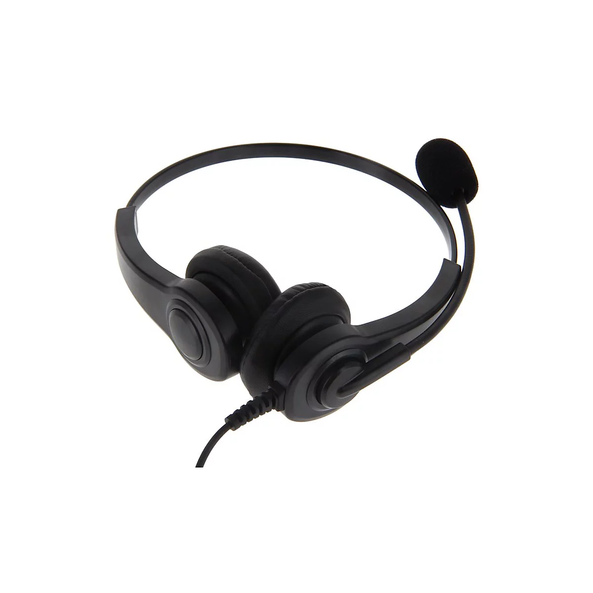 Schwarzes Headset mit zwei Ohrpolstern und einem Mikrofon mit Schaumstoffüberzug vor weißem Hintergrund.