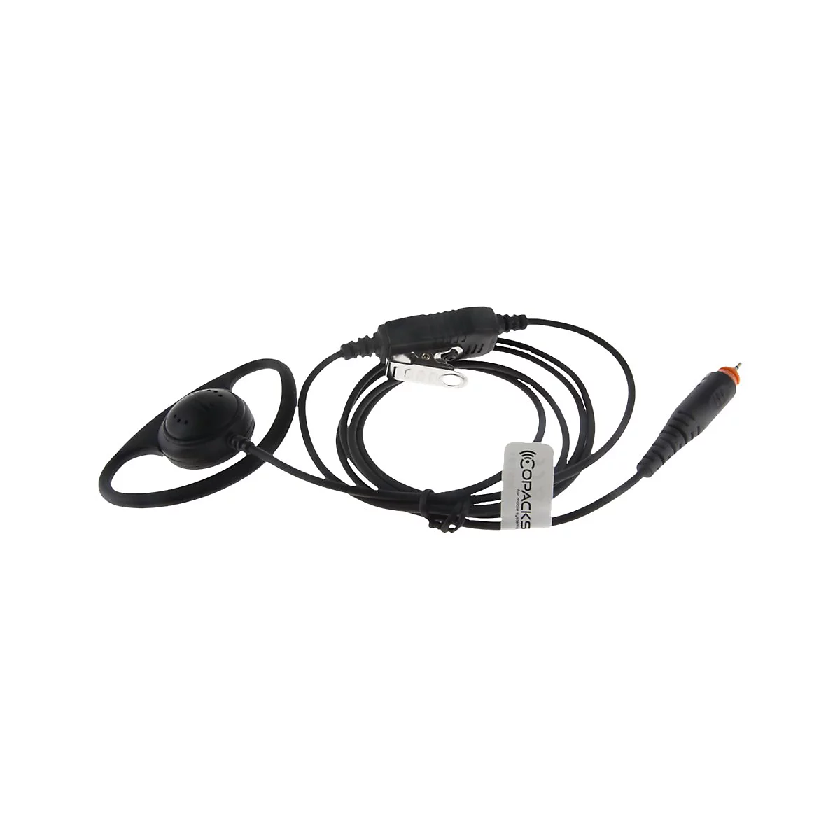 Schwarzes Ohrhörer-Headset mit Ohrbügel, Kabel, Clip und einem orangefarbenen 2,5-mm-Klinkenstecker.