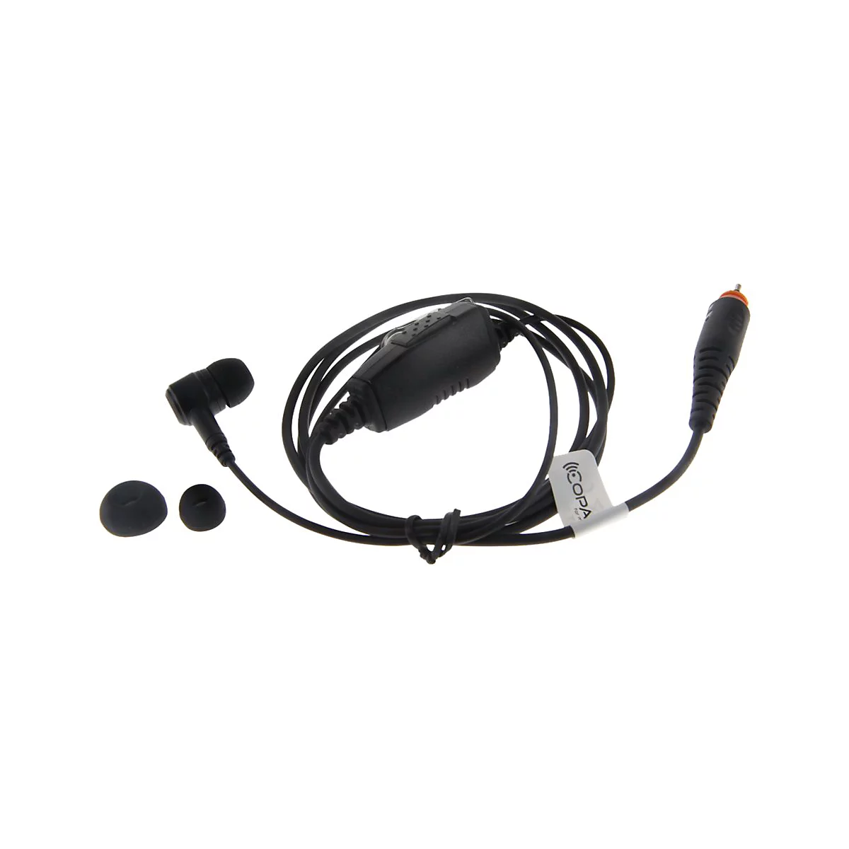 Schwarzes In-Ear-Headset mit Kabel, Mikrofon-Steuereinheit und einem 2,5mm-Klinkenstecker vor weißem Hintergrund.