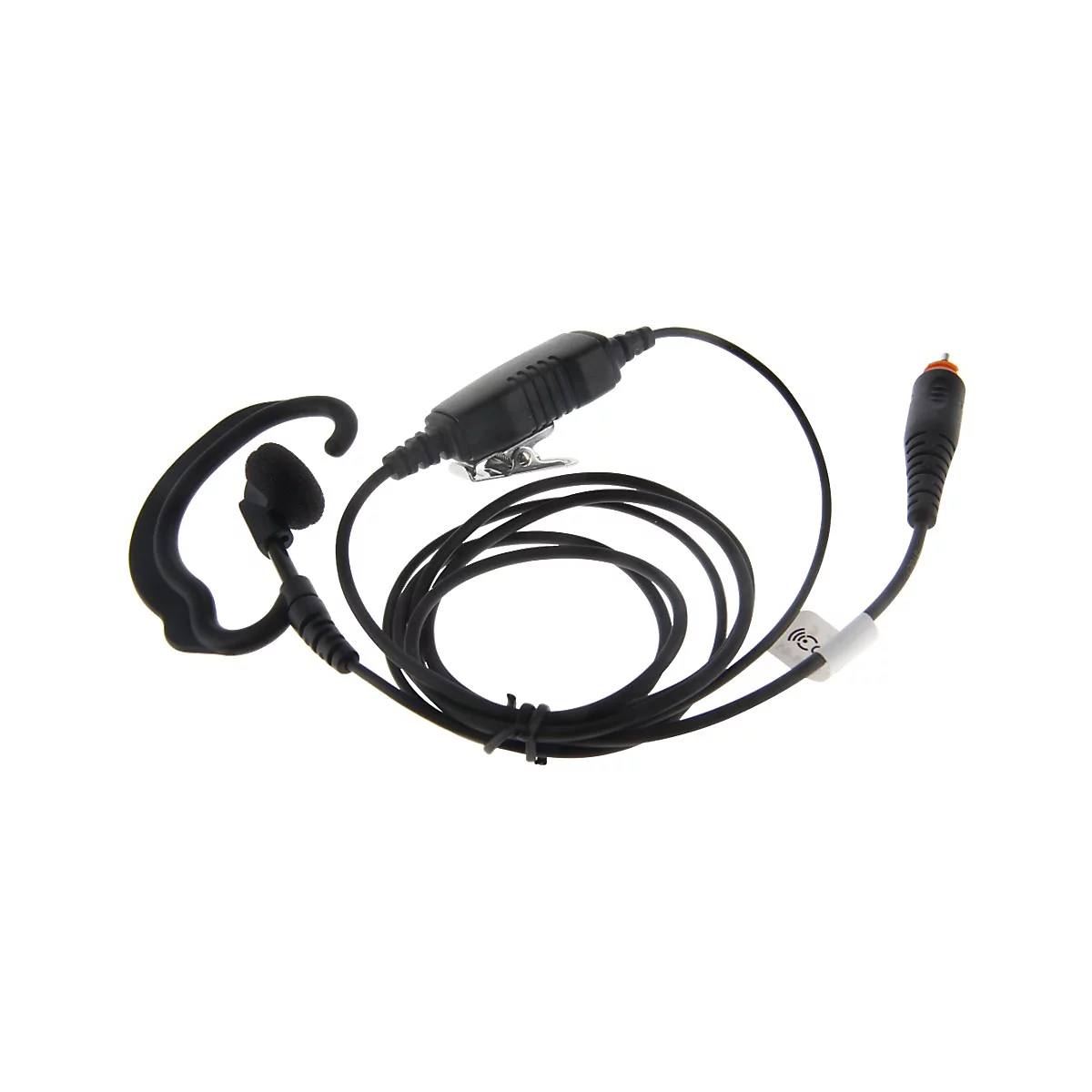 Schwarzes Headset mit Ohrbügel, Mikrofon-Clip und Anschlussstecker vor weißem Hintergrund.