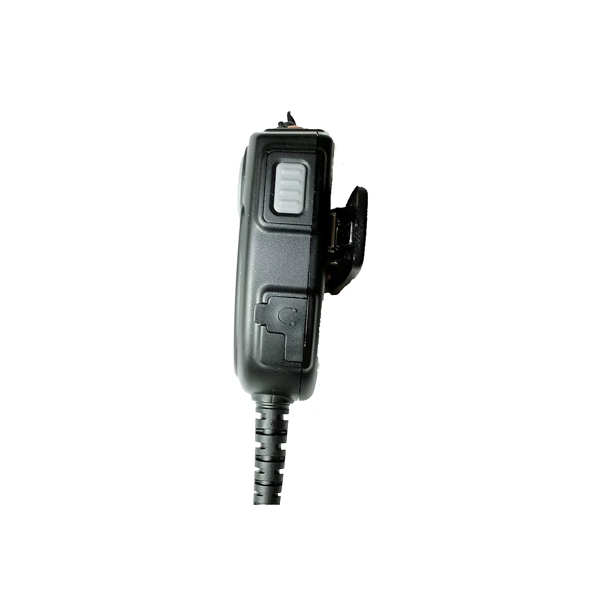 Seitliche Ansicht eines schwarzen Funkmikrofons mit Gürtelclip und grauer Taste auf weißem Grund.