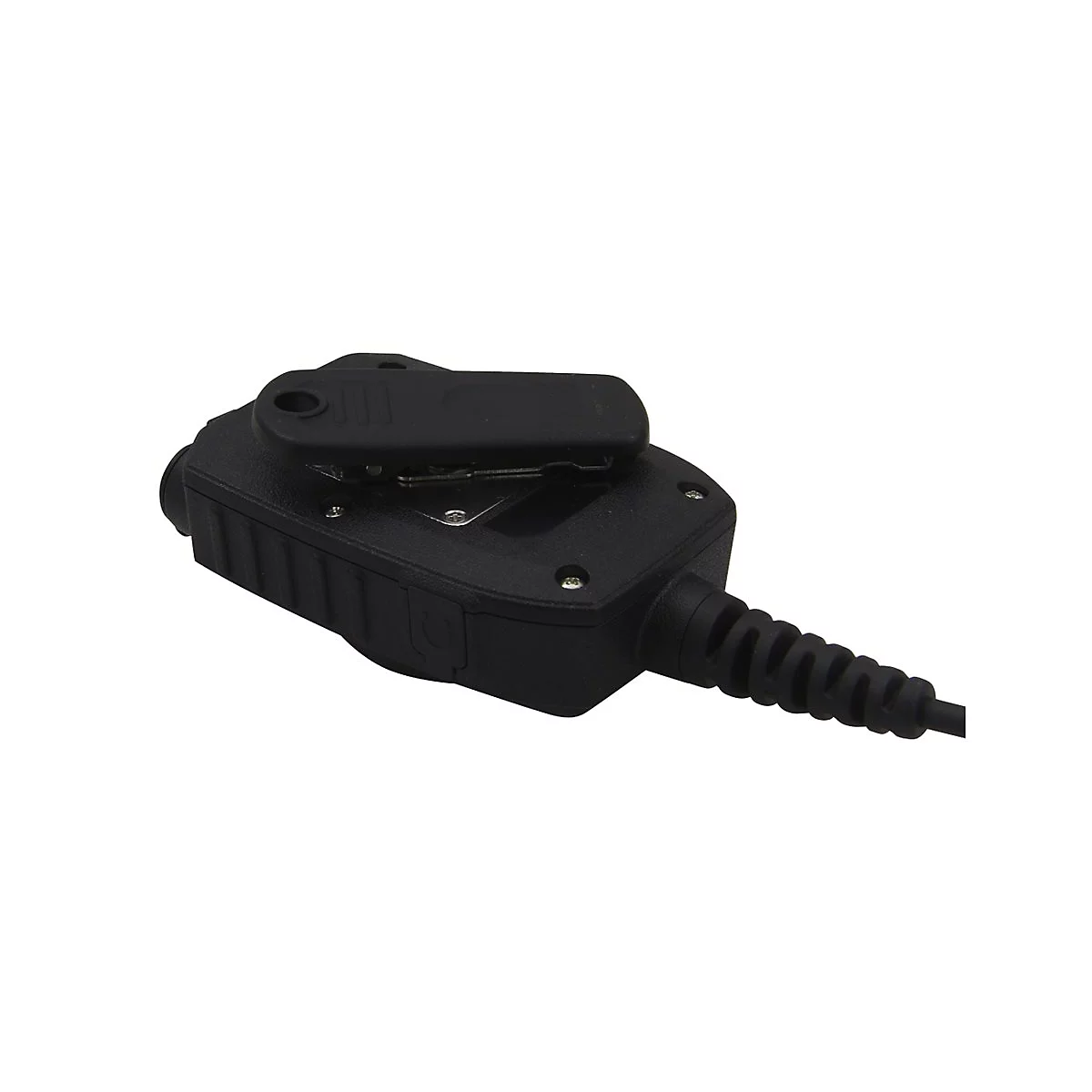 Schwarzes Handfunkmikrofon mit Gürtelclip auf der Rückseite vor weißem Hintergrund.