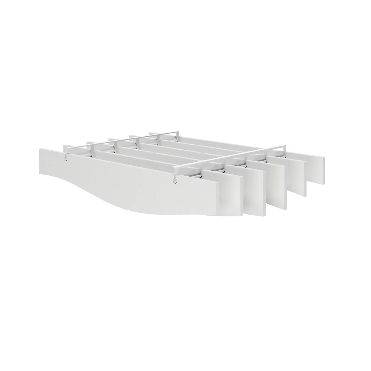 Wit, rechthoekig rooster, perspectief op witte achtergrond. Metalen stutten vormen een patroon.