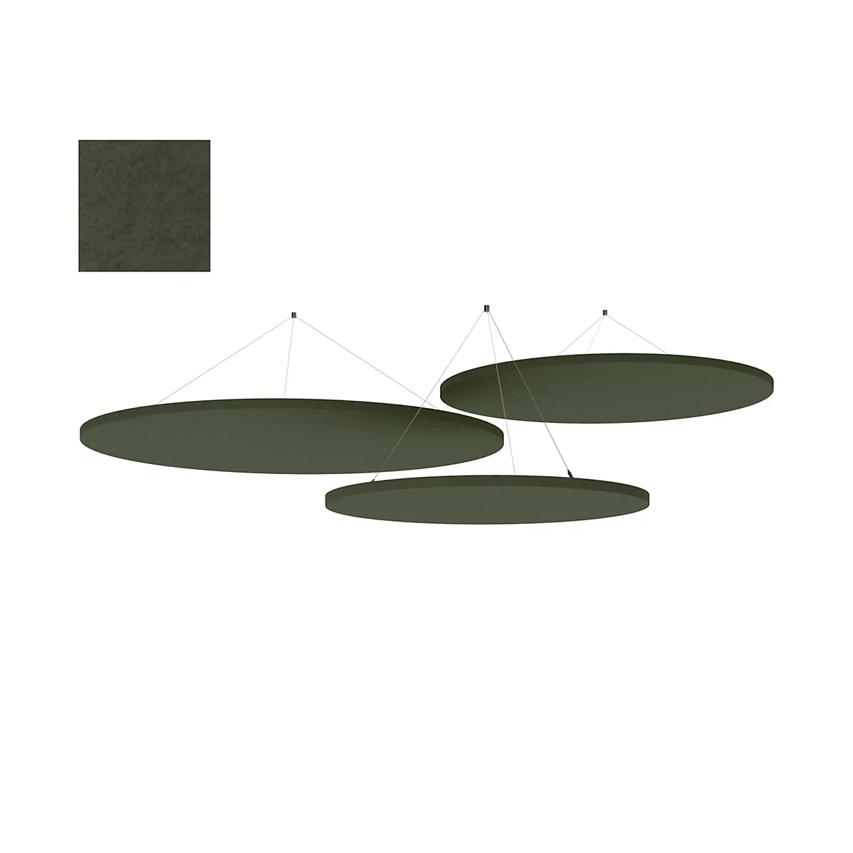 Drie ovale, groene hanglampen hangen aan fijne touwen. Linksboven een vierkant stoffen patroon.