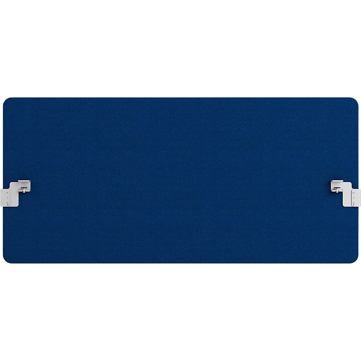 Donkerblauw bord met witte beugels aan beide zijden. Afgeronde hoeken.