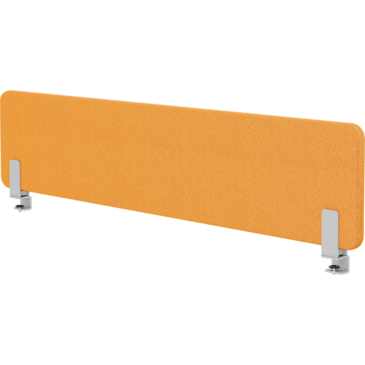 Oranje bureelscherm met metalen klemmen. Afgeronde hoeken, licht patroon.