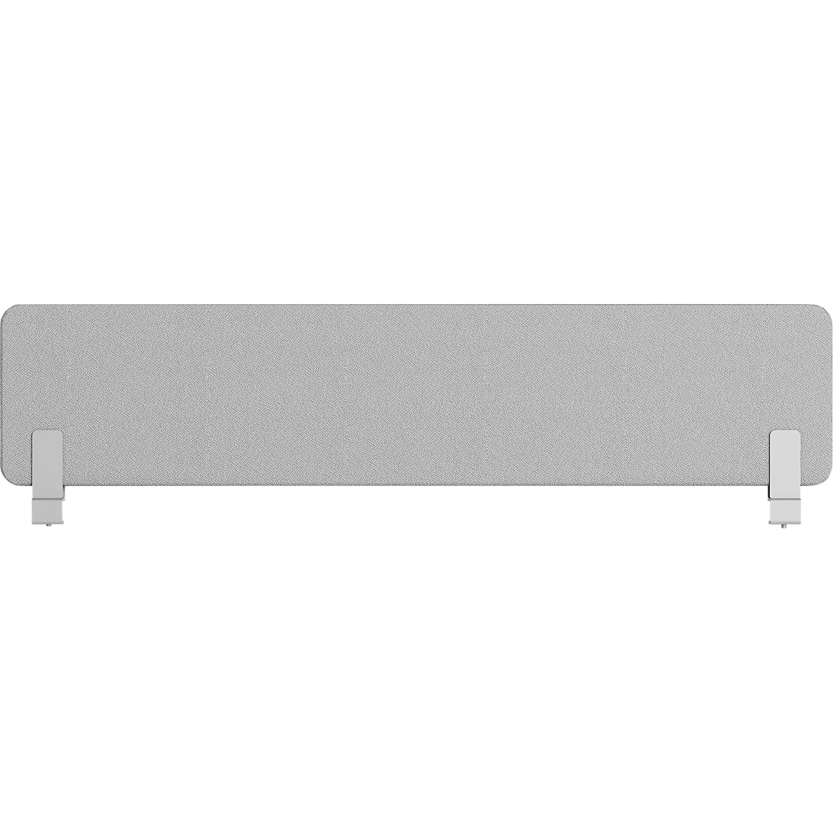 Grijze bureau-afscheiding met witte houders. De afscheiding is langwerpig en rechthoekig.