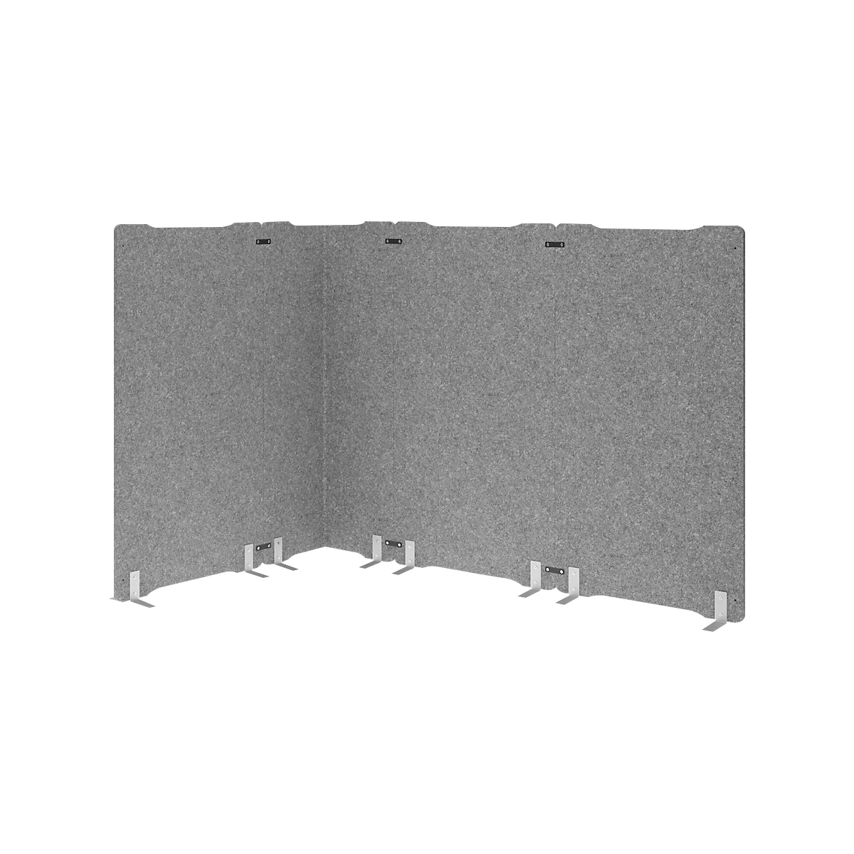 Grijze, opvouwbare roomverdelers, opgesteld in een hoek van 90 graden, met zilveren beugels.
