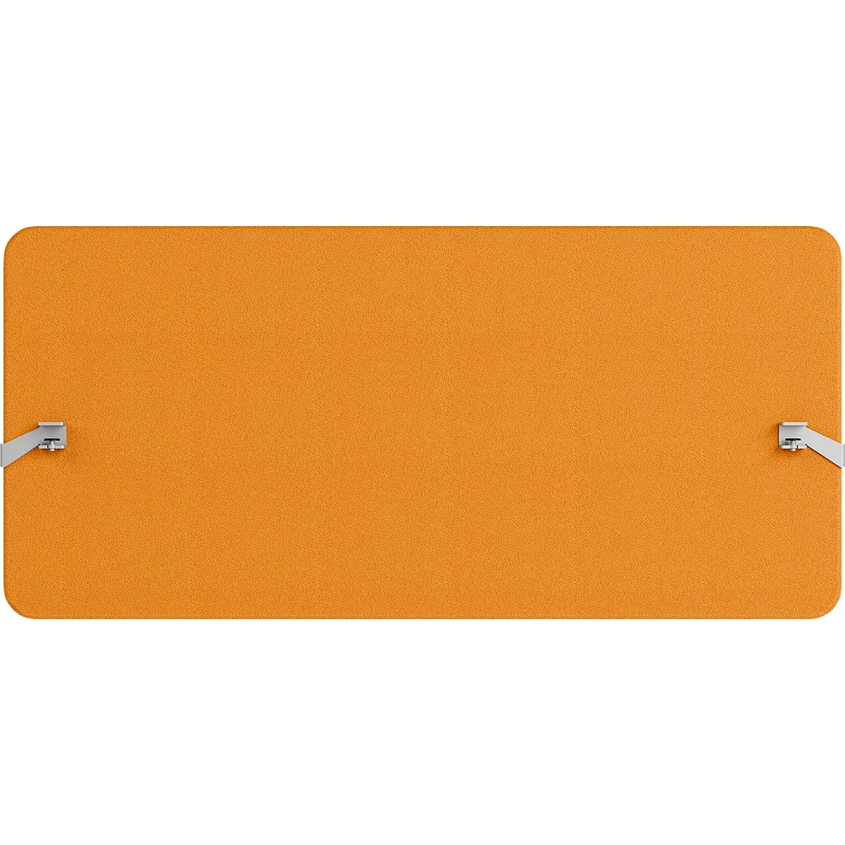 Rechthoekig oranje bord met twee zilverkleurige beugels.