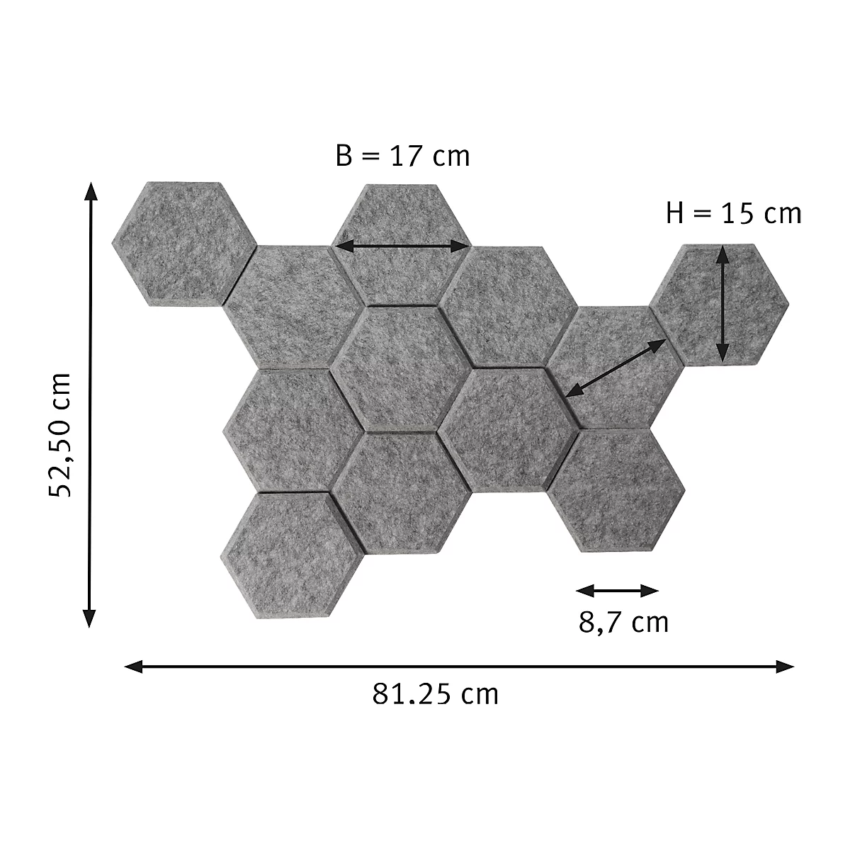 Akoestische wandelementen - polyester - 6-hoekig - geluiddemper klasse C - B 170 x H 150 mm - grijsgevlamd viltoptiek - set van12 st.