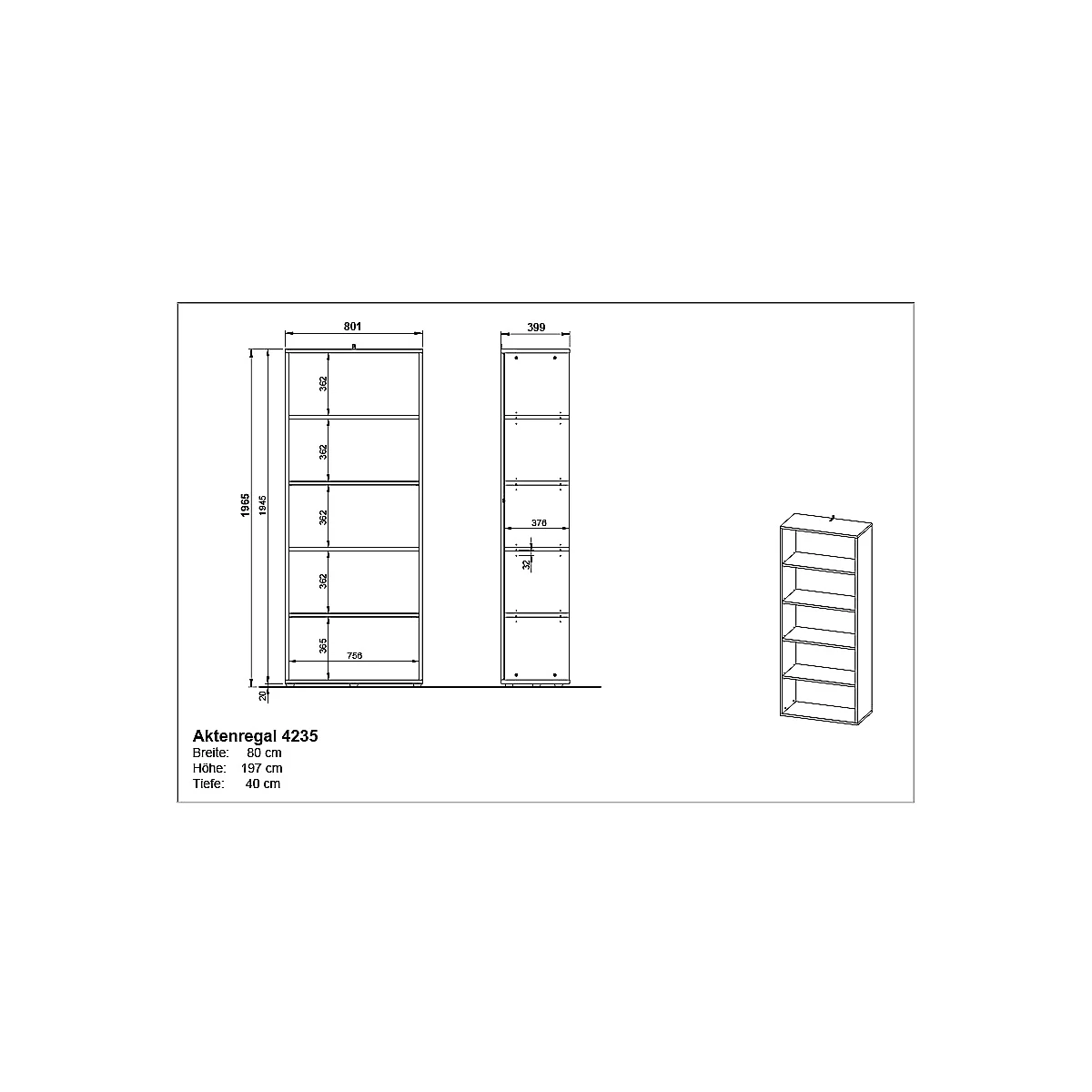 Aktenregal Aalborg, 4 verstellbare Einlegeböden, Traglast bis 22, Möbelgleiter, Spanplatte, melaminharzbeschichtet, B 800 x T 400 x H 1970 mm, graphit