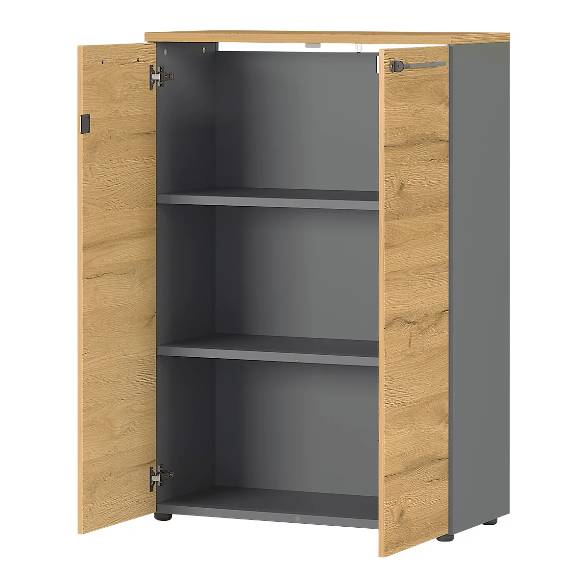 Aktenschrank Agenda Home, 3 OH, abschließbar, B 800 x T 400 x H 1200 mm, Graphit/Eiche