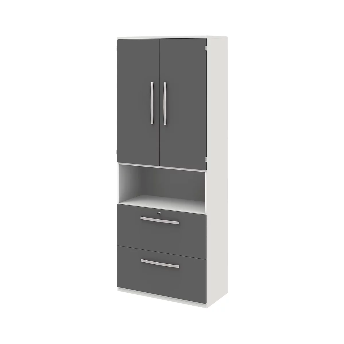 Aktenschrank BARI, 6 OH, 2 Türen, 2 Hängeregister, Zentralverriegelung, B 819 x T 430 x H 2174 mm, weiß/anthrazit