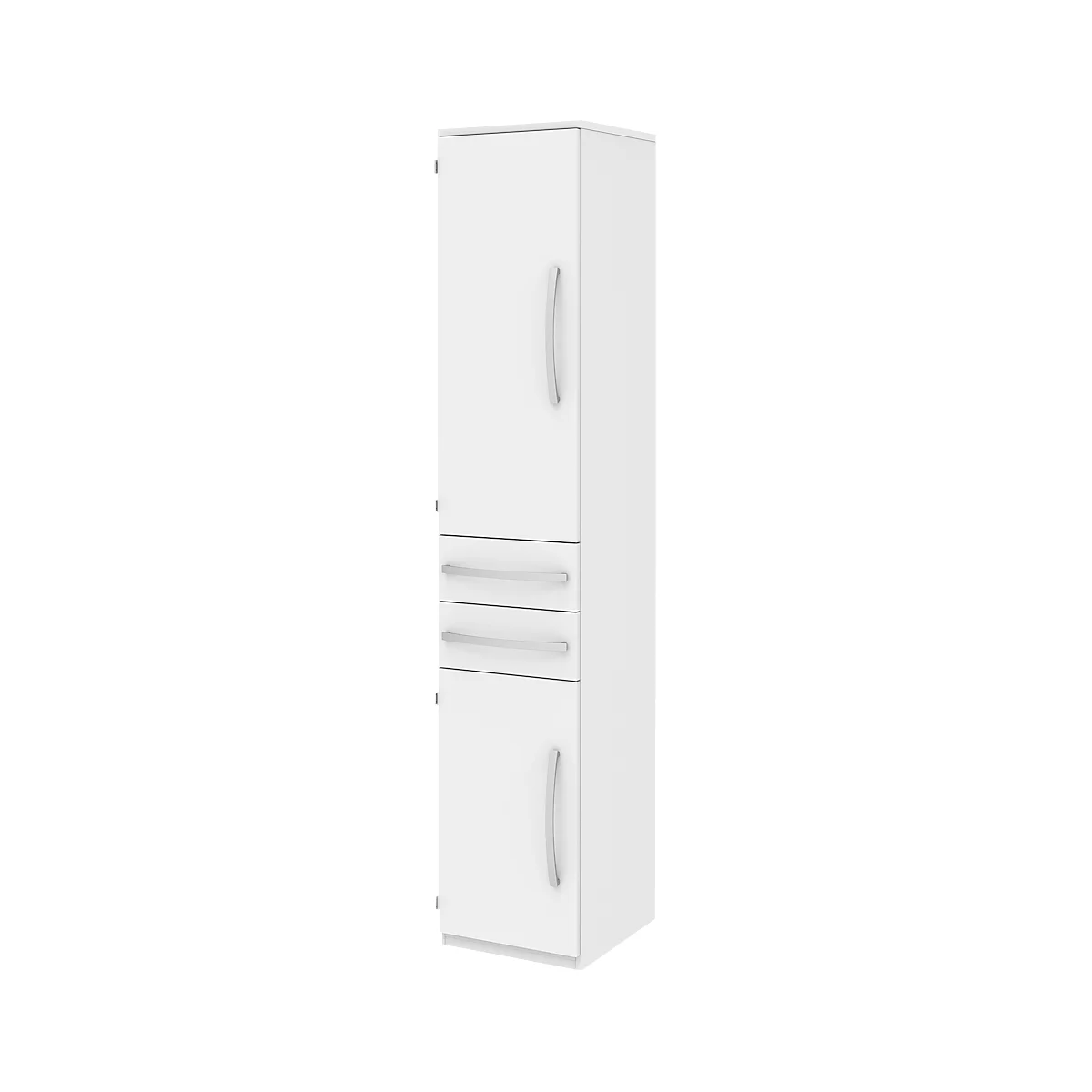 Aktenschrank BARI, 6 Ordnerhöhen, 3 Böden, 2 Schübe, Türanschlag links, B 427 x T 430 x H 2174 mm, weiß/weiß/Alu