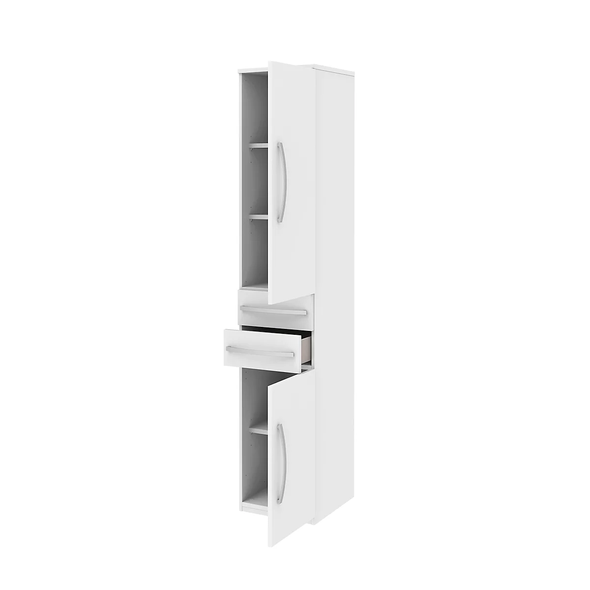 Aktenschrank BARI, 6 Ordnerhöhen, 3 Böden, 2 Schübe, Türanschlag rechts, B 427 x T 430 x H 2174 mm, weiß/weiß/Alu