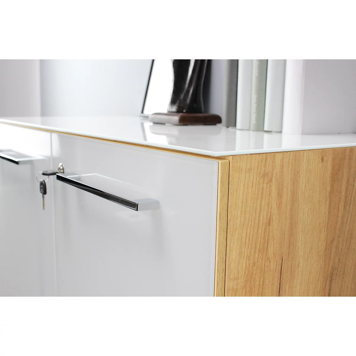 Aktenschrank MONTERIA, Front & Abdeckplatte aus Glas, abschließbar, 3 OH, B 800 x T 370 x H 1200 mm, Navarra Eiche/weiß