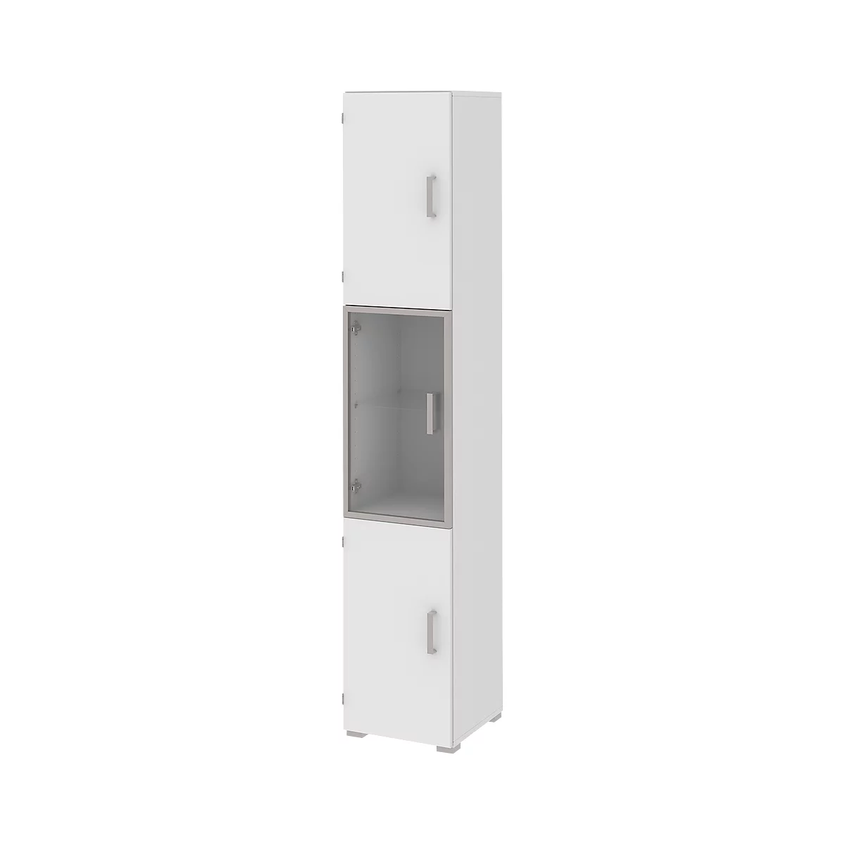 Aktenschrank TEQSTYLE, 6 OH, Glastür links, B 400 x T 419 x H 2185 mm, weiß/weiß