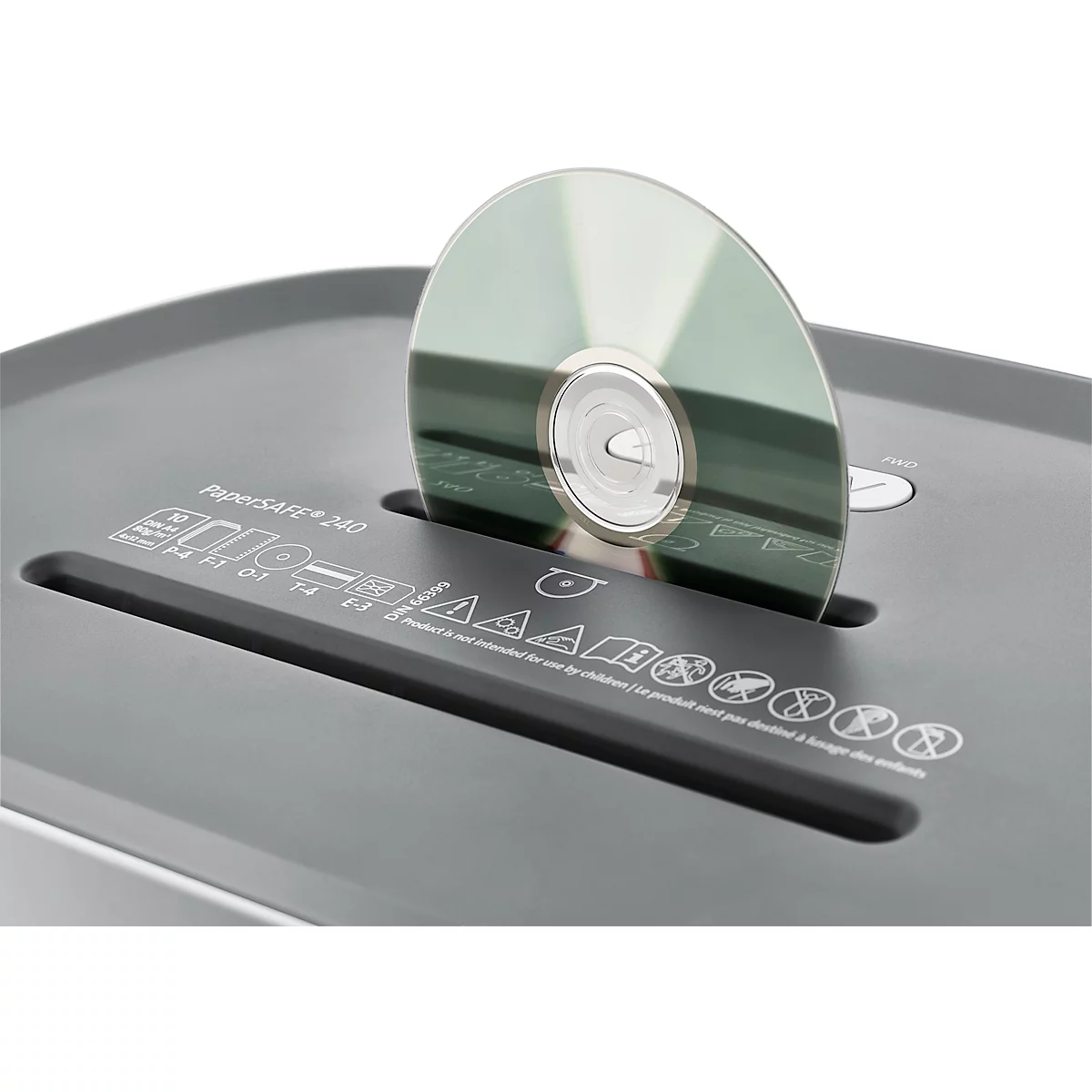 Aktenvernichter Dahle PaperSAFE® 240, Partikelschnitt 4 x 12 mm, P-4, 25 l, 1-10 Blatt Schnittleistung, mit Rollen, grau