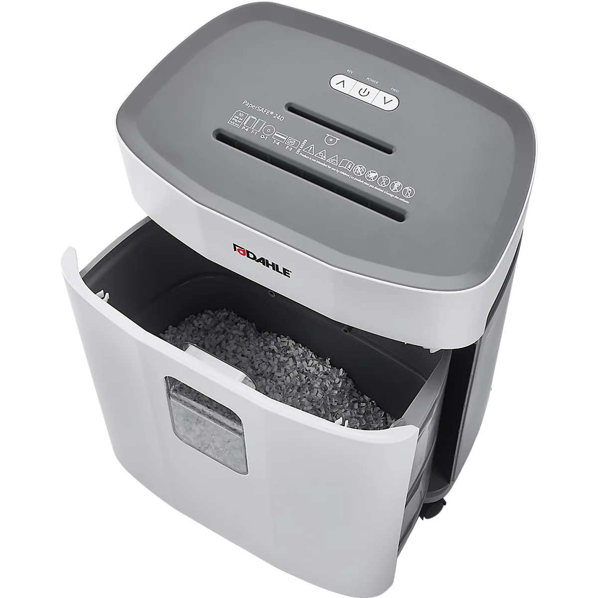 Aktenvernichter Dahle PaperSAFE® 260, Partikelschnitt 4 x 12 mm, P-4, 25 l, 1-12 Blatt Schnittleistung, mit Rollen, grau