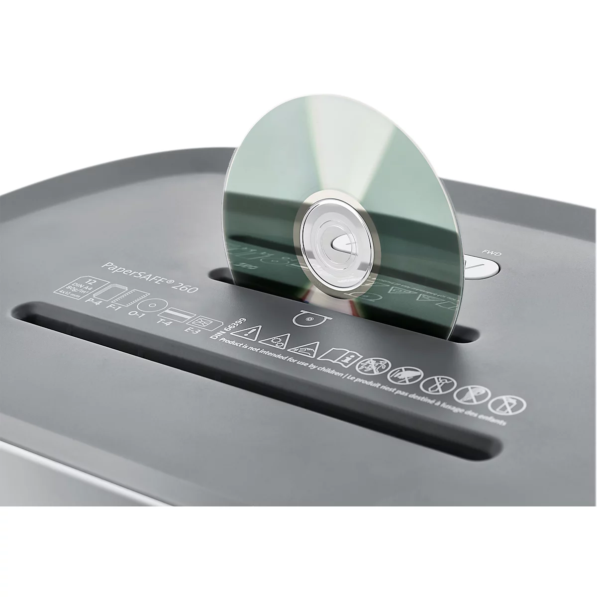 Aktenvernichter Dahle PaperSAFE® 260, Partikelschnitt 4 x 12 mm, P-4, 25 l, 1-12 Blatt Schnittleistung, mit Rollen, grau