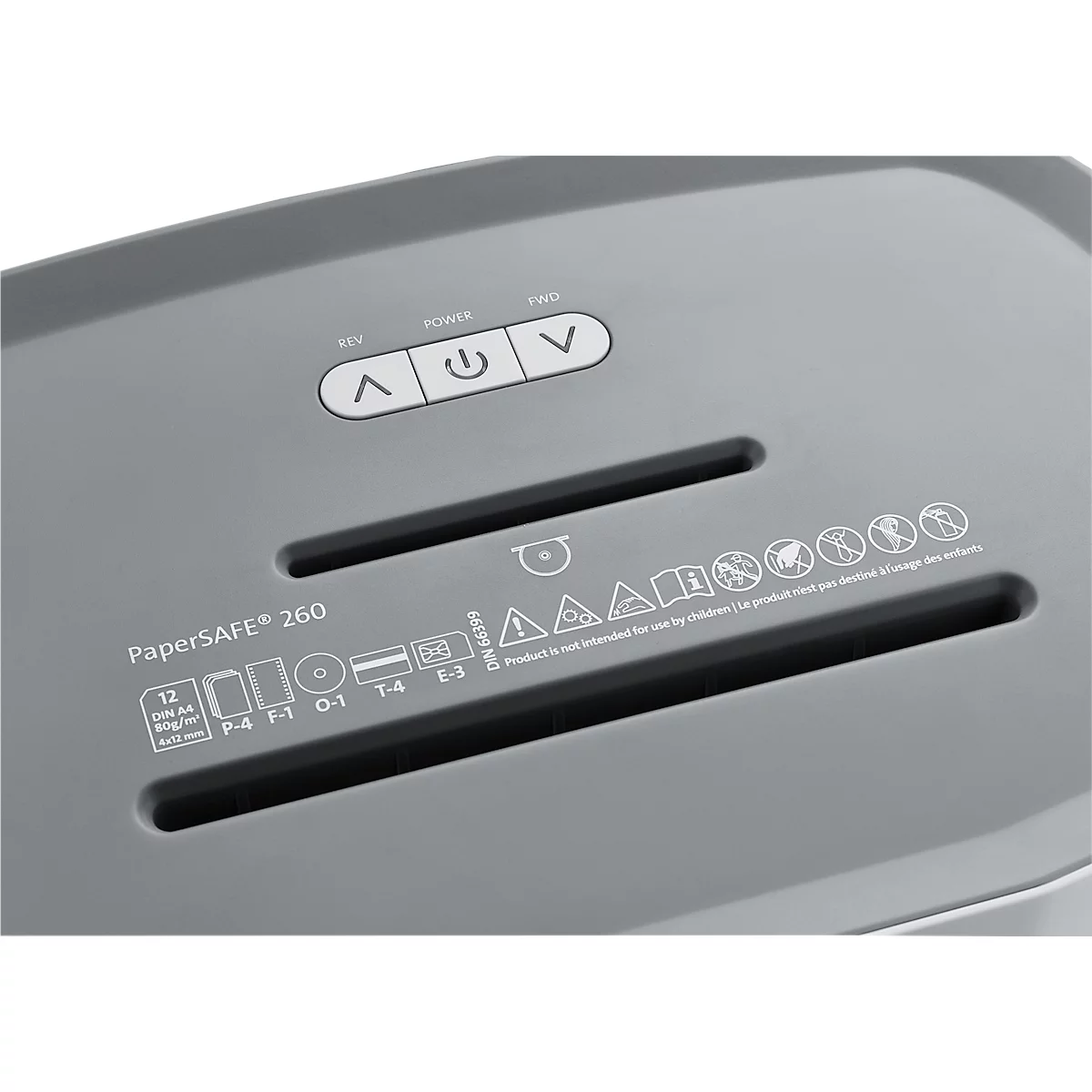 Aktenvernichter Dahle PaperSAFE® 260, Partikelschnitt 4 x 12 mm, P-4, 25 l, 1-12 Blatt Schnittleistung, mit Rollen, grau