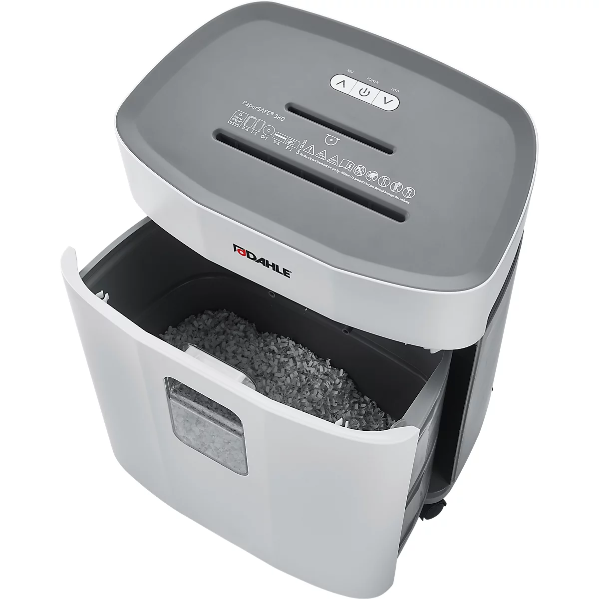 Aktenvernichter Dahle PaperSAFE® 380, Partikelschnitt 4 x 12 mm, P-4, 25 l, 1-15 Blatt Schnittleistung, mit Rollen, grau