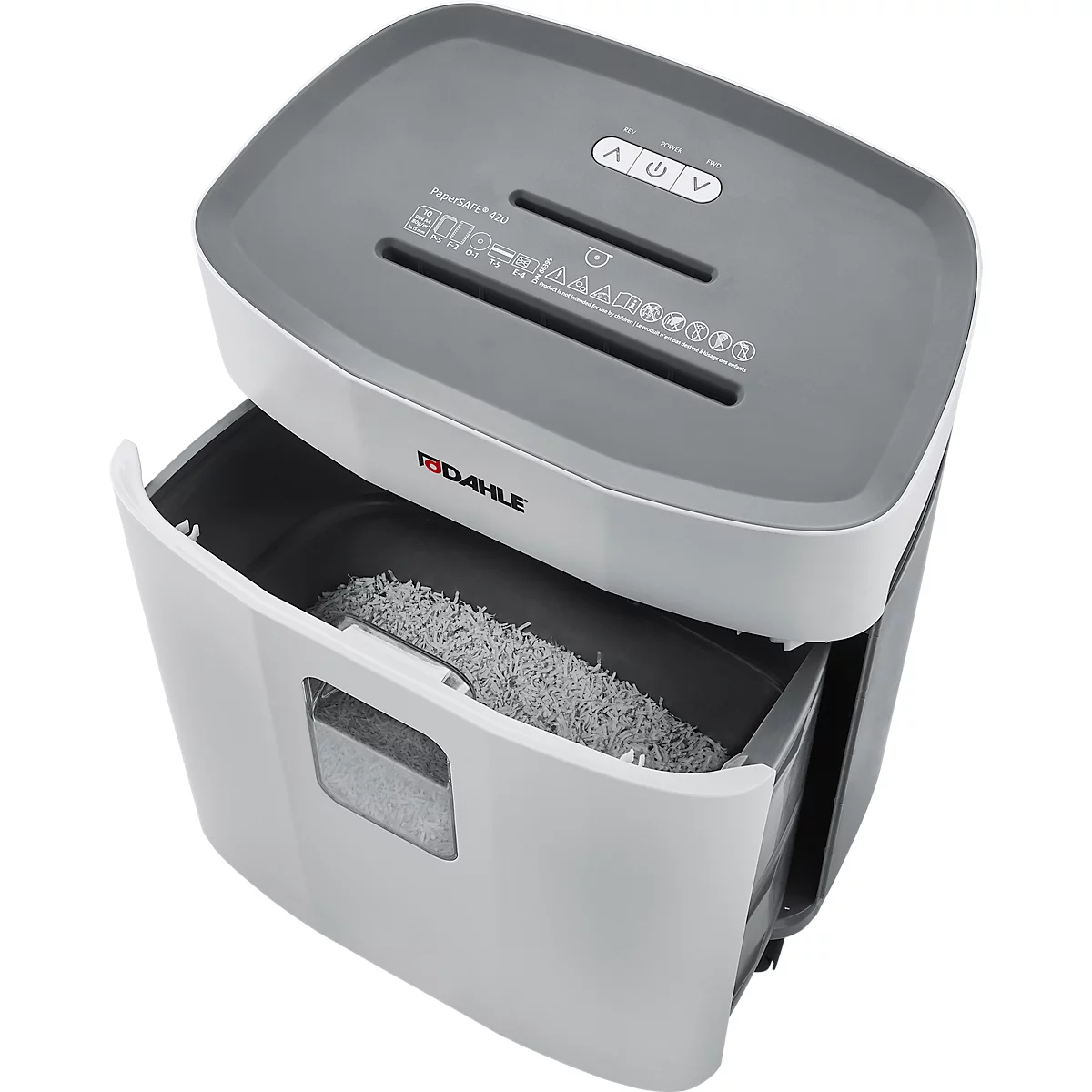 Aktenvernichter Dahle PaperSAFE 420, Partikelschnitt 2 x 15 mm, P-5, 25 l, 10 Blatt Schnittleistung, B 443 x T 273 x H 545 mm