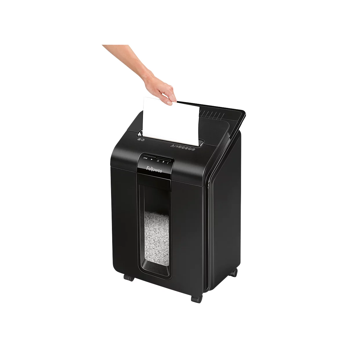 Aktenvernichter Fellowes® AutoMax 100M, Vollautomatik, Mini-Partikelschnitt 4 x 10 mm, P-4, 23 l, 9-100 Blatt Schnittleistung, schwarz