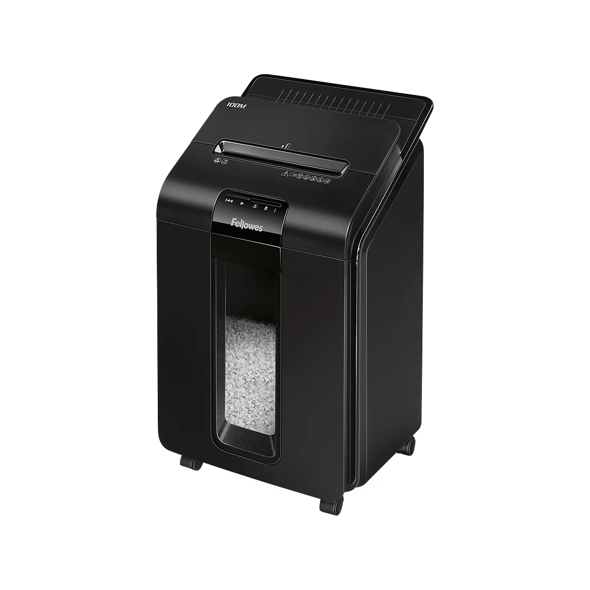 Aktenvernichter Fellowes® AutoMax 100M, Vollautomatik, Mini-Partikelschnitt 4 x 10 mm, P-4, 23 l, 9-100 Blatt Schnittleistung, schwarz