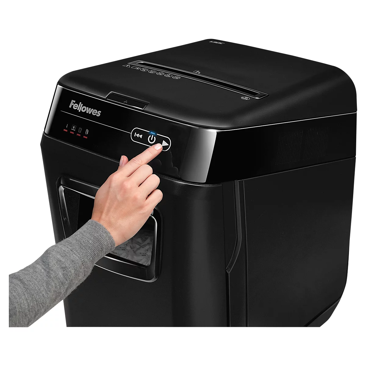 Aktenvernichter Fellowes® AutoMax™ 150C, Vollautomatik, Partikelschnitt 4 x 38 mm, P-4, 32 l, 150 Blatt Schnittleistung, Sicherheitsstopp, schwarz