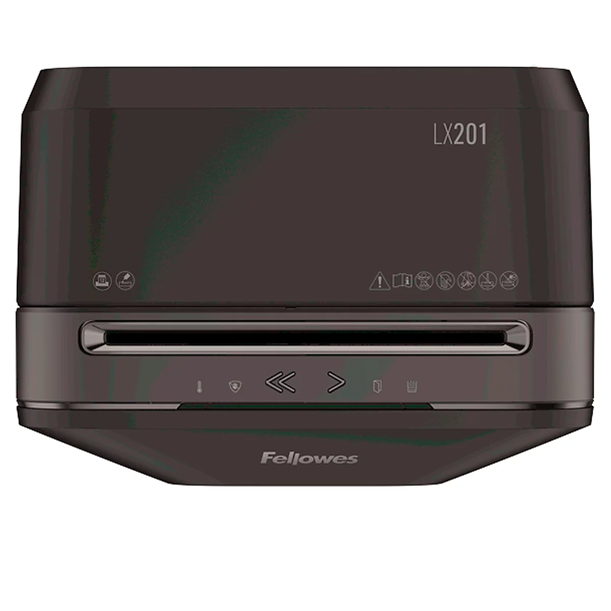 Schwarzer Aktenvernichter, Aufschrift LX201 und Fellowes.