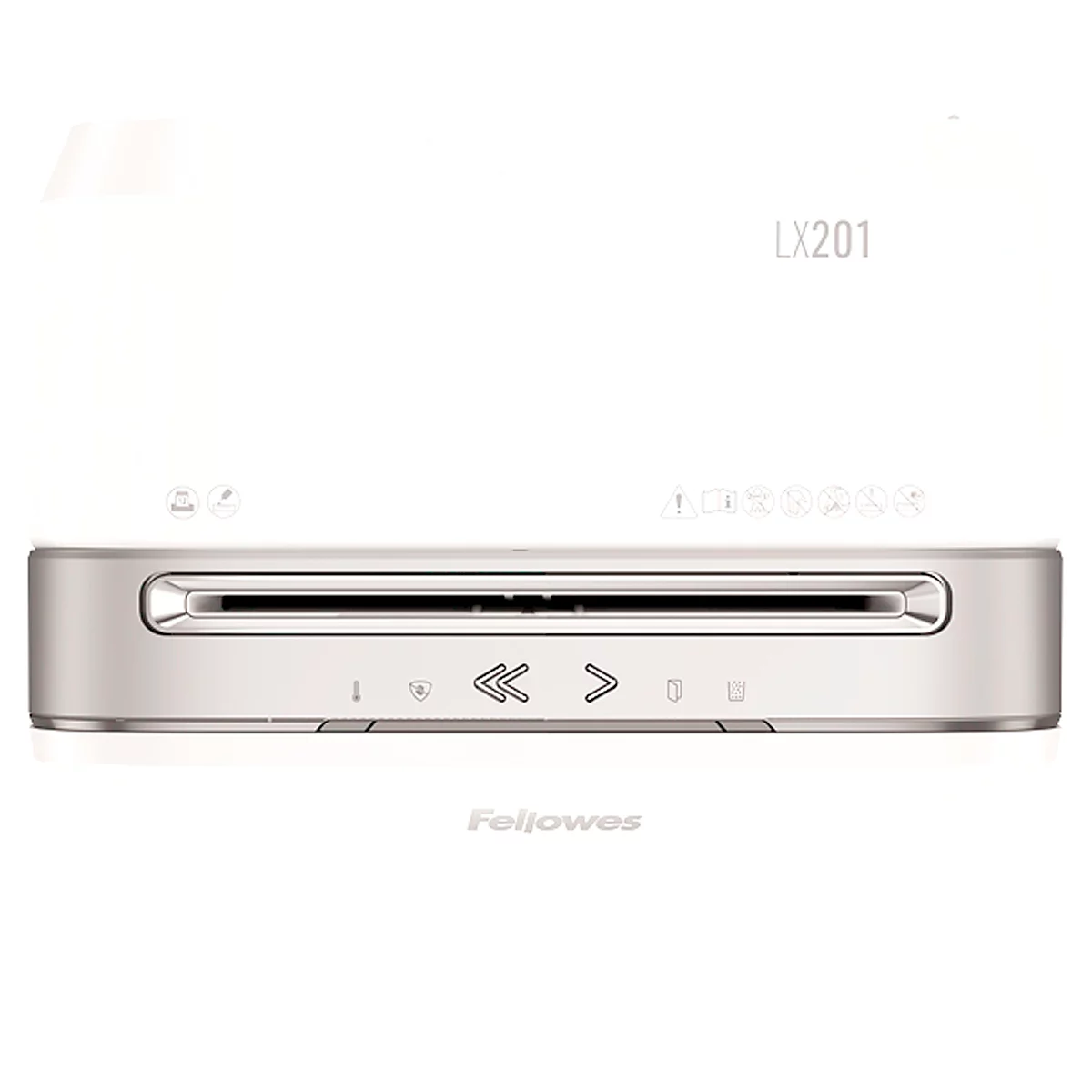 Weißer Fellowes LX201 Scanner. Unten Tasten und Logo. Oberhalb LX201 Schriftzug.