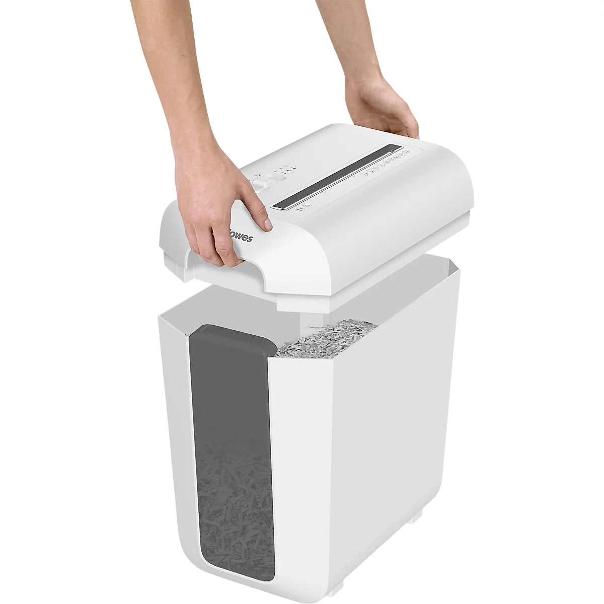 Aktenvernichter Fellowes® Powershred LX 65, Partikelschnitt 4 x 40 mm, P-4, 22 l, 10 Blatt Schnittleistung, weiß