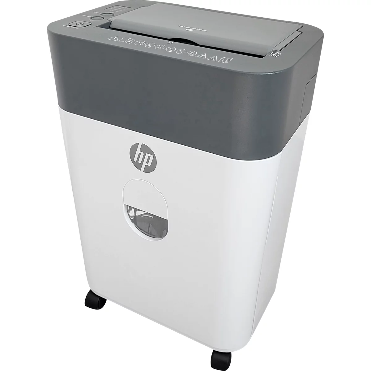 Aktenvernichter HP OneShred Auto 100CC, Sicherheitsstufe P-4, Partikelschnitt 4,3 x 12 mm, 100 Blatt, grau/weiss