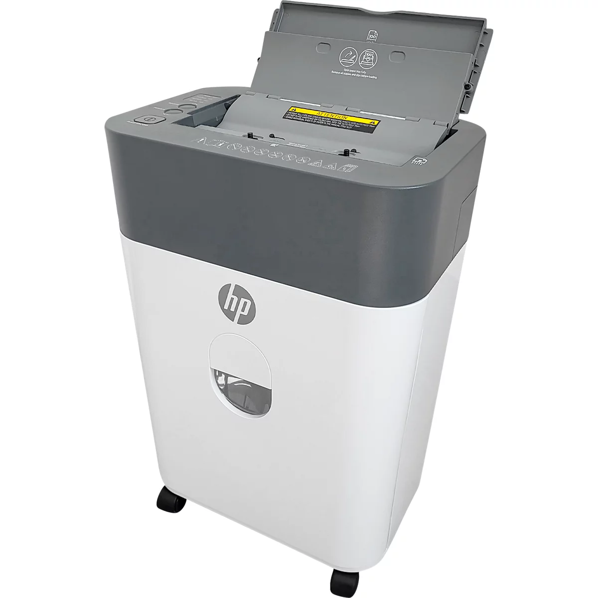Aktenvernichter HP OneShred Auto 100CC, Sicherheitsstufe P-4, Partikelschnitt 4,3 x 12 mm, 100 Blatt, grau/weiss