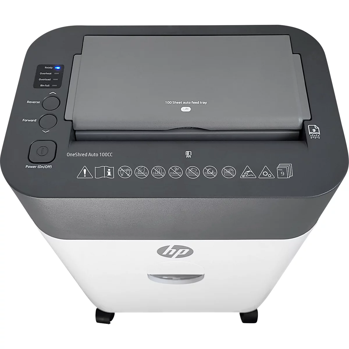 Aktenvernichter HP OneShred Auto 100CC, Sicherheitsstufe P-4, Partikelschnitt 4,3 x 12 mm, 100 Blatt, grau/weiss