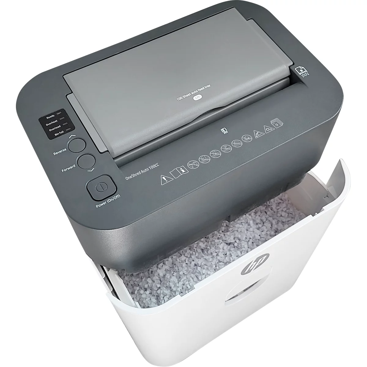 Aktenvernichter HP OneShred Auto 100CC, Sicherheitsstufe P-4, Partikelschnitt 4,3 x 12 mm, 100 Blatt, grau/weiss
