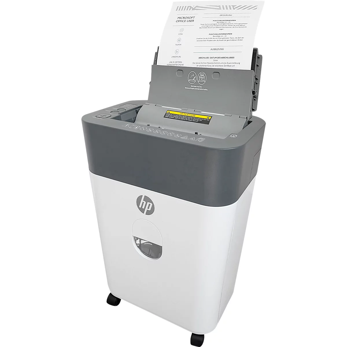 Aktenvernichter HP OneShred Auto 100CC, Sicherheitsstufe P-4, Partikelschnitt 4,3 x 12 mm, 100 Blatt, grau/weiss