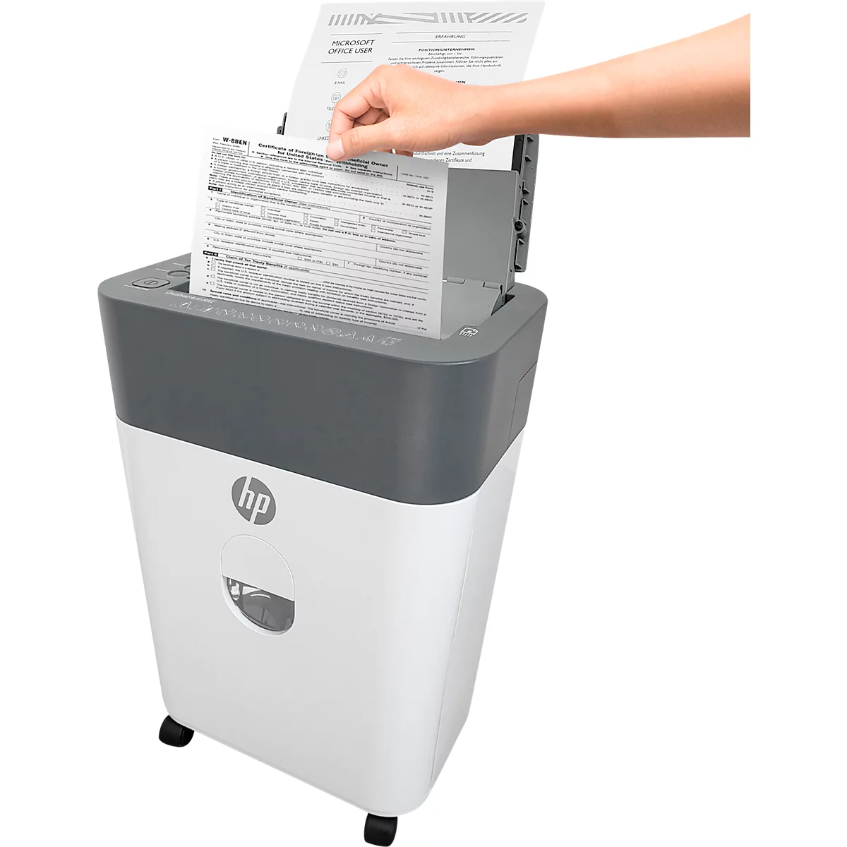 Aktenvernichter HP OneShred Auto 100CC, Sicherheitsstufe P-4, Partikelschnitt 4,3 x 12 mm, 100 Blatt, grau/weiss