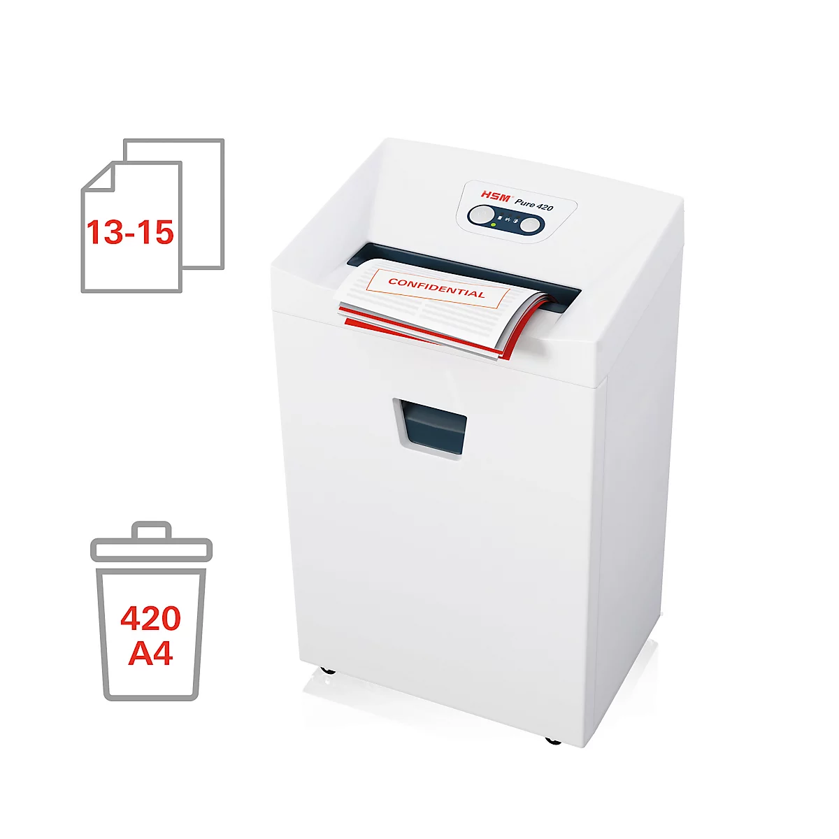 Aktenvernichter HSM Pure 420, Sicherheitsstufe P4, Partikelschnitt 4,5 x 30 mm, bis 35 l, Kunststoff & Metall, weiß