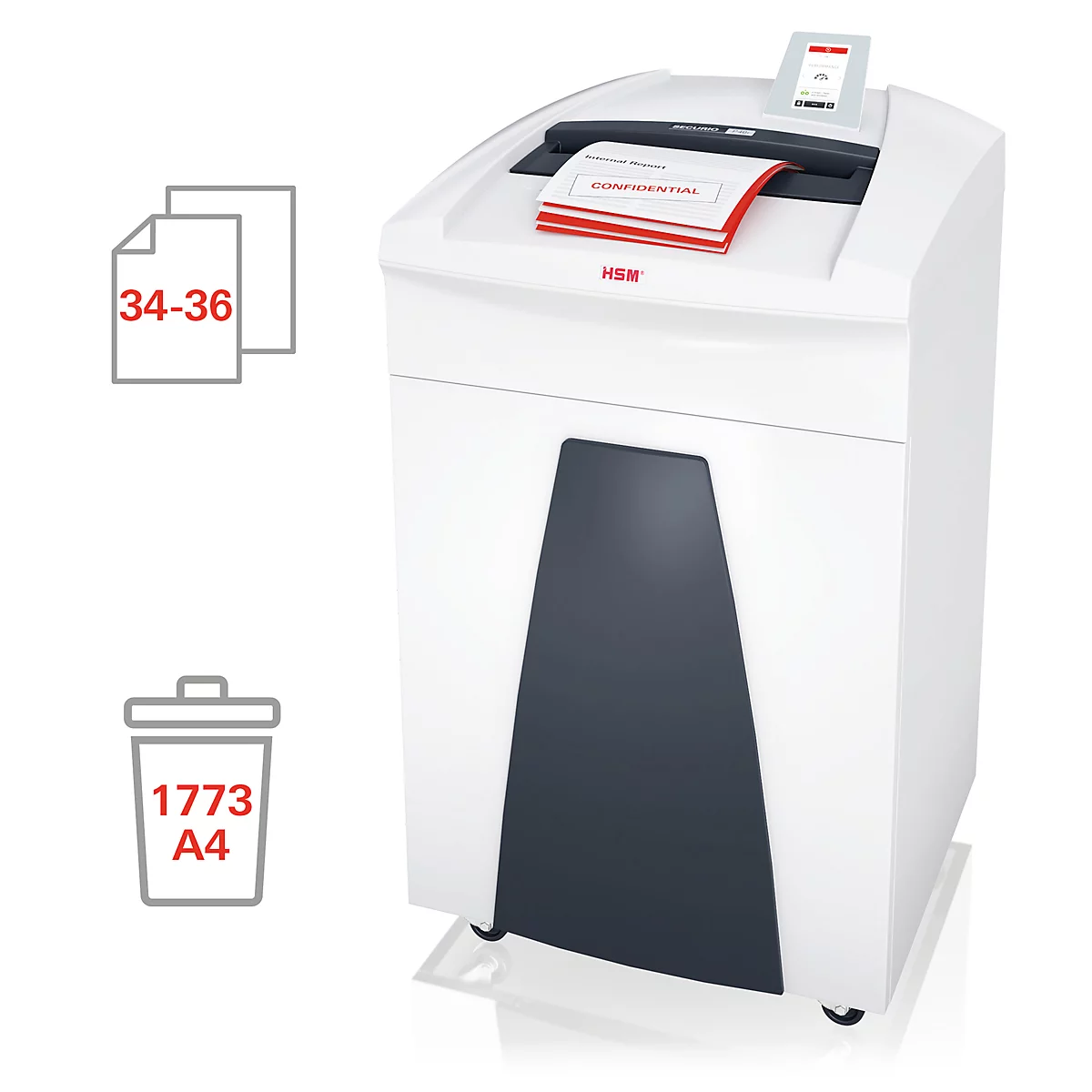 Aktenvernichter HSM SECURIO P40i, Sicherheitsstufe 4, Partikelschnitt 4,5 x 30 mm, 36 Blatt, CD-Schredder, weiß