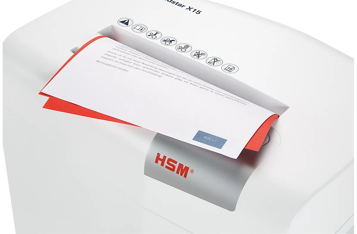 Aktenvernichter HSM shredstar X15, Sicherheitsstufe 4, Partikelschnitt 4 x 37 mm, 15 Blatt, weiß/silber
